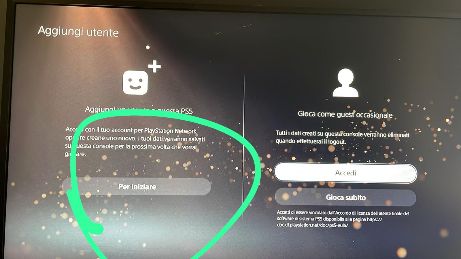 PS5: Aggiungi utente → pulsante Per iniziare evidenziato